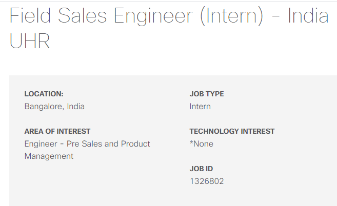 Cisco Careers hiring Field Sales Engineer (Intern)