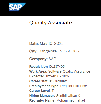 SAP hiring for Quality Associate