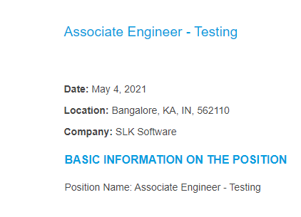 SLK Software Recruitment for Associate Engineer-Testing