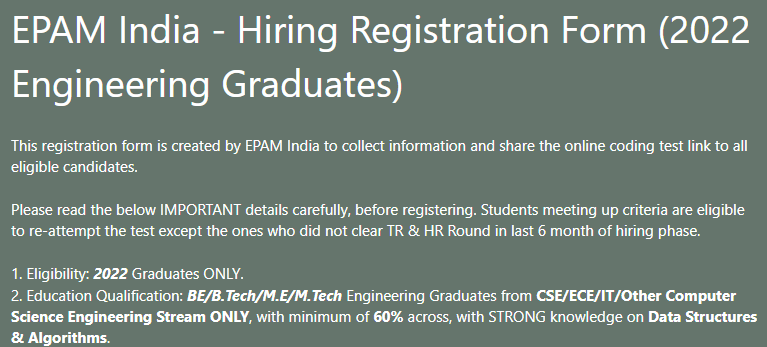 EPAM India Off Campus Freshers Recruitment Drive for 2022 Batch