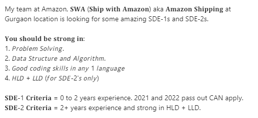 Amazon SDE-1 & SDE-2 Freshers