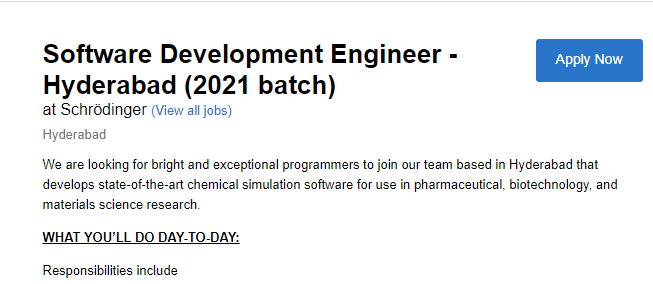 Schrodinger 2021 Freshers Batch Job